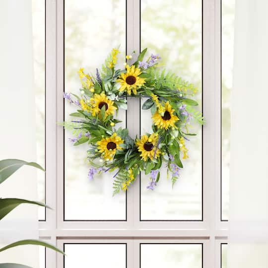 26" Artificial Sunflower Lavender Winter Jasmine Floral Spring Wreath
